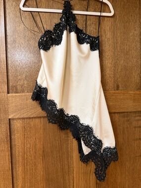 Women's Cream Satin Slip with Black Lace Trim